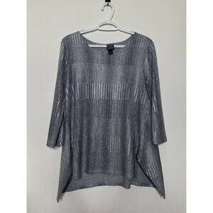 Clara Sun Woo Size Small Silver Metallic Knit Sweater 3/4 Sleeve Slit Side Open